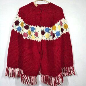 Vintage Handmade Sweater Cape One Size Red Knit Cottagecore Grandma Boho